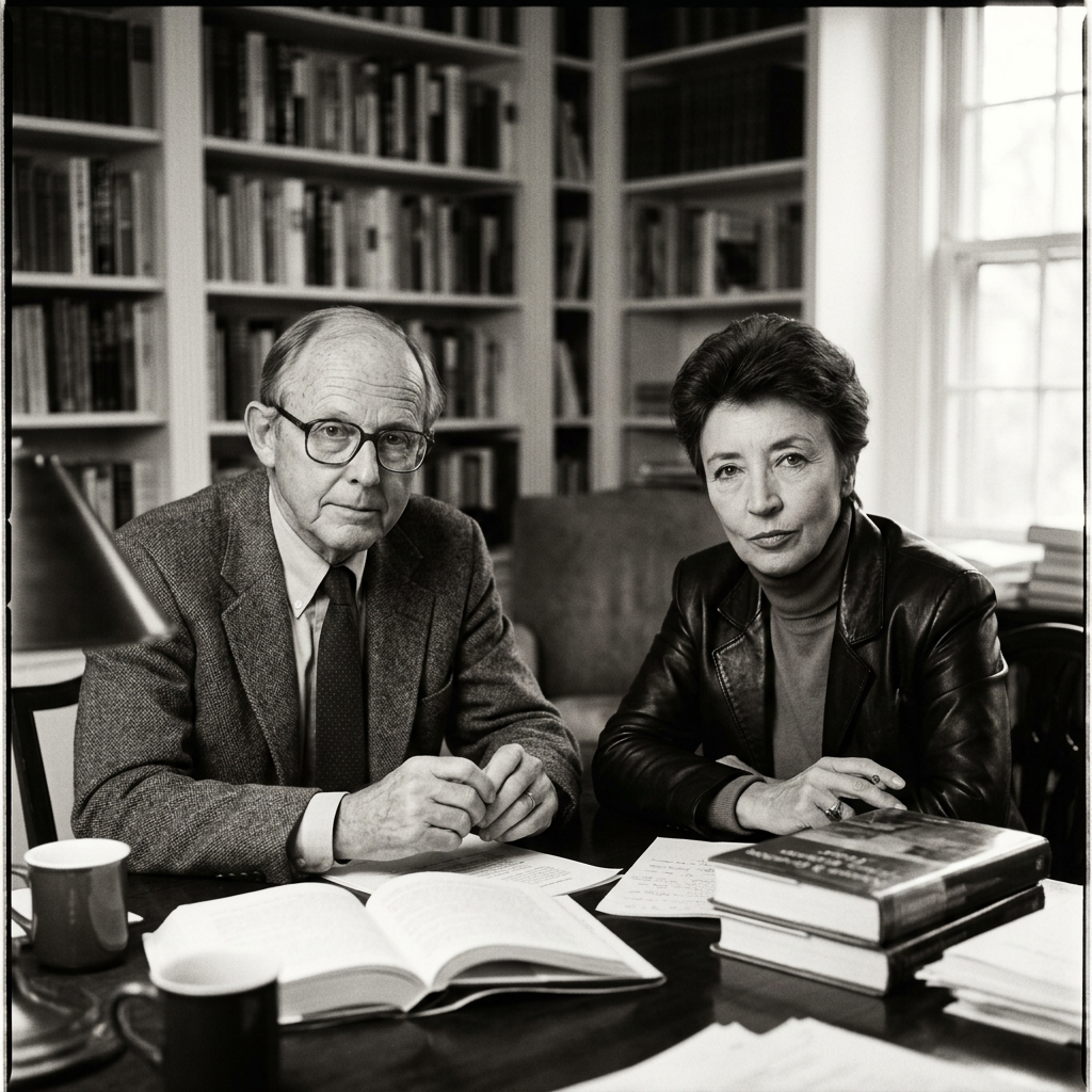 Two scholars sitting at a table with open books and papers in a room with bookshelves